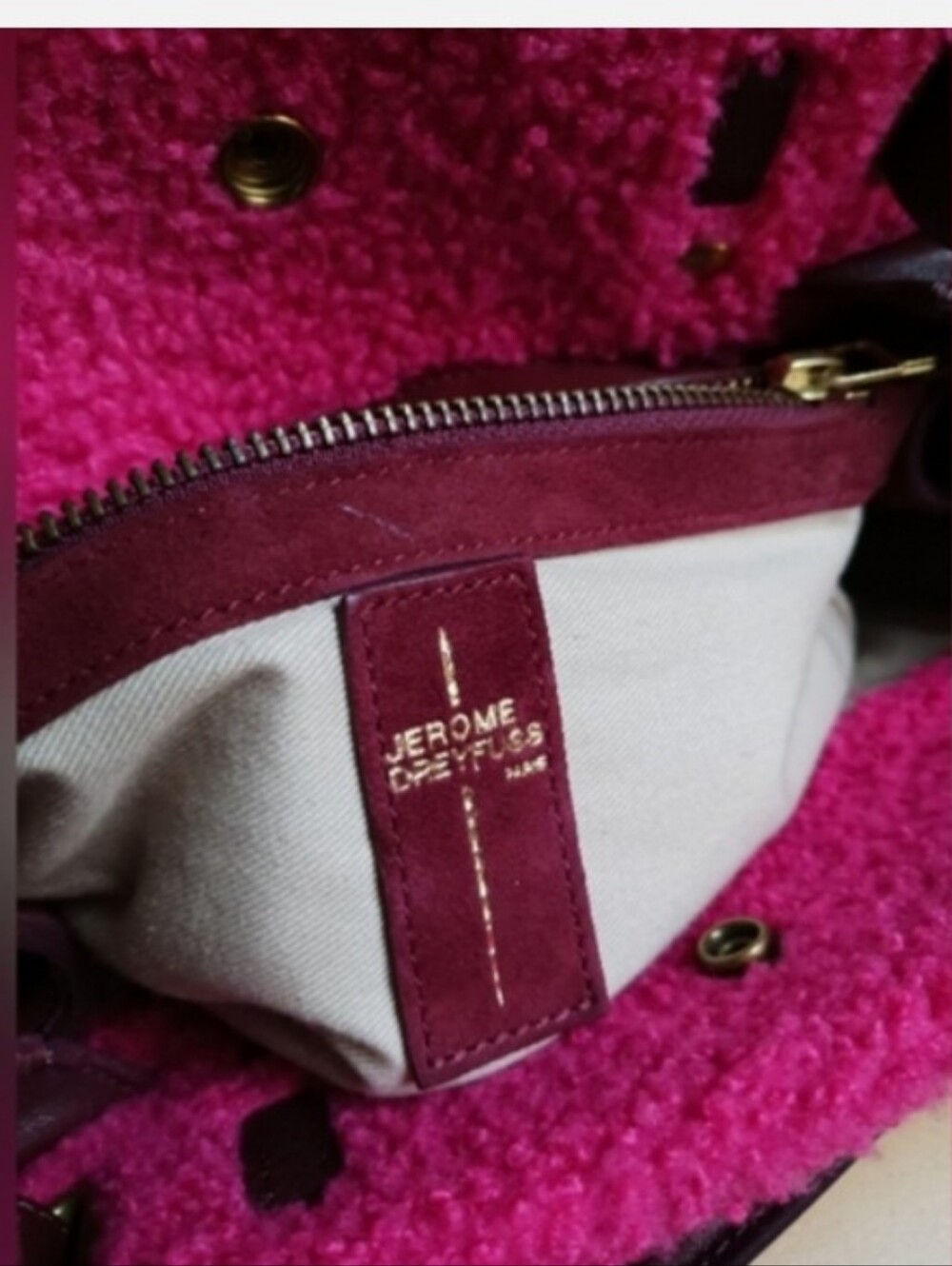 Jerome Dreyfuss Johan Pink Sherpa/ Burgundy Leather Crossbody Bag. - Picture 14 of 16